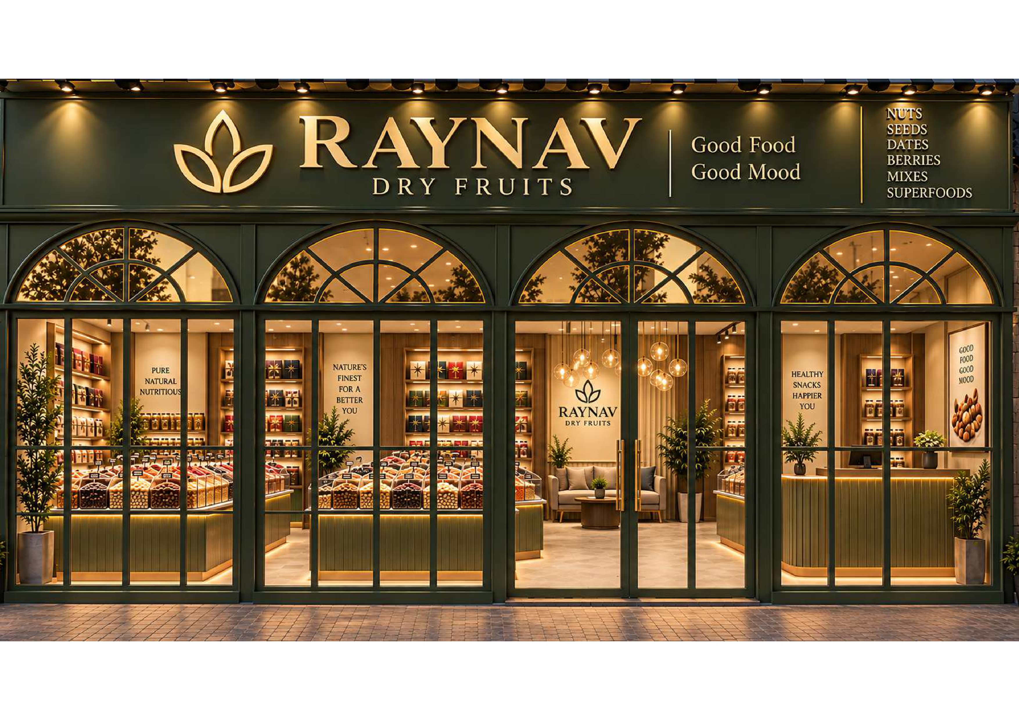 Design concept for a green, arched RAYNAV storefront with warmly lit windows